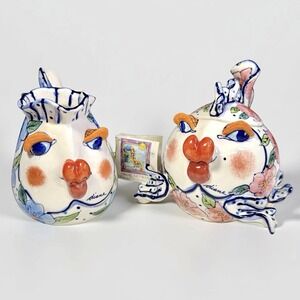 Diane Artware Kissy Fish Creamer & Sugar Set Whimsical Stoneware Kitschy Floral